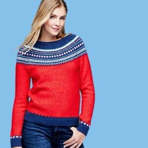 Mohair Blend Fair Isle Sweater Red Blue Fuzzy Warm Knitted